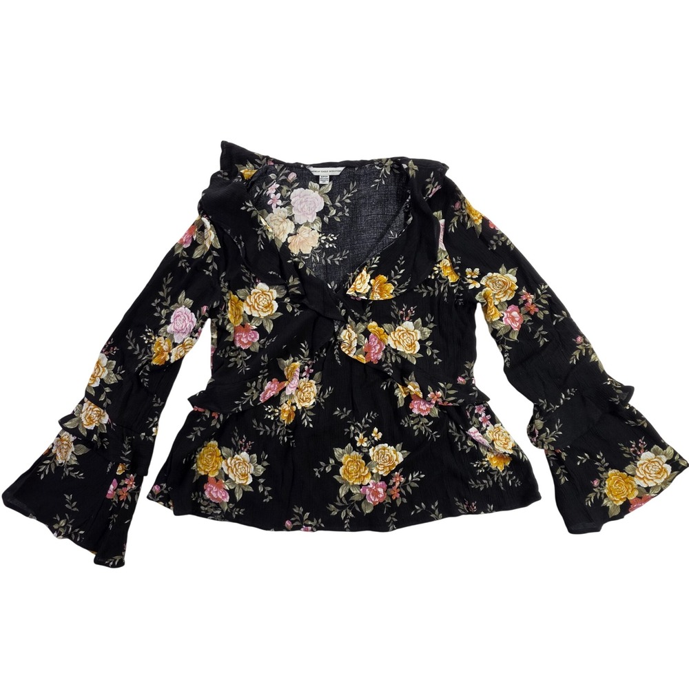 American Eagle Outfitters Black Floral Ruffle Peplum Bell Sleeve Blouse EUC Sz S